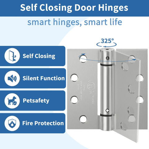 4.5 Inch Self Closing Door Hinges Brushed Nickel 2 Pack showing detailed design and features including 325 degree rotation and silent function.