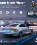 Ultra Crisp Dual Dash Cam showing night vision rear view of car with license plate, includes 4K video, 64GB card, wide angles, 3.5-inch screen.