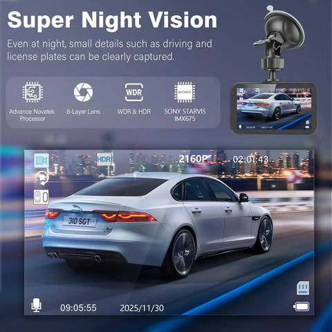 Ultra Crisp Dual Dash Cam showing night vision rear view of car with license plate, includes 4K video, 64GB card, wide angles, 3.5-inch screen.