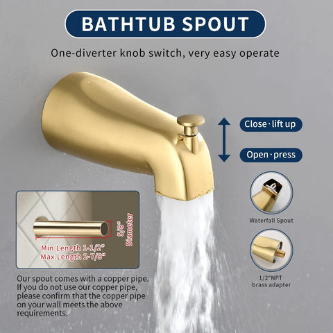 Brushed Gold All In One Dual Shower System With Tub Spout And Trim Kit featuring waterfall spout and easy diverter knob.
