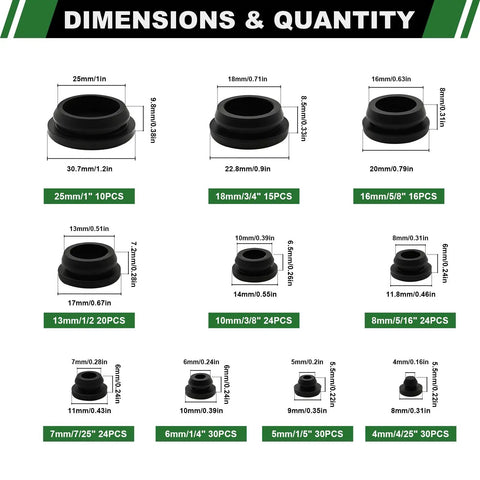 223 Piece Black Silicone Rubber Plugs Kit For Round Holes With Snap Locking Design, 10 Sizes chart of dimensions and quantity