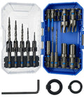 Boss Quality 17 Piece Countersink Drill Bit Set With Hex Shank Wood Plug Cutters Screwdriver Bits And Extension Shaft, organized in case.