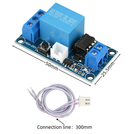 Two Pack 12V Latching Relay Modules For Home Automation And DIY Projects, 10A AC/10A DC Load, 250V Rating, 300mm Lead Wires, Compact 50x25.5x19mm Size, Ideal For Lamps, Appliances, Electronics And Small Motors. Blue relay module with 300mm lead wires
