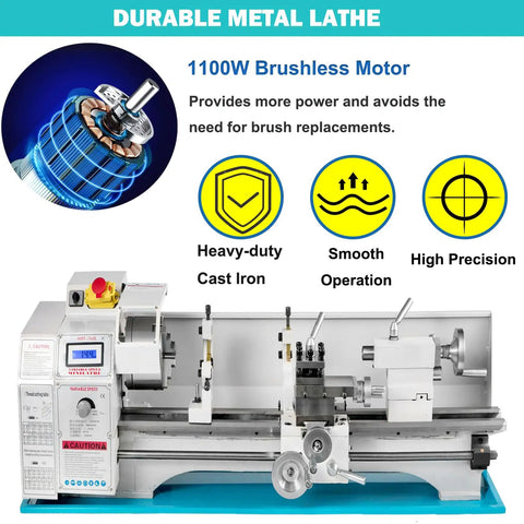 Knockout Benchtop Metal Lathe Machine With 1100W Brushless Motor And Variable Speed Up To 3000 RPM Featuring Digital Led Screen And Beefy 3 Jaw Chuck For Quick Shop Projects And Smooth Home Machining