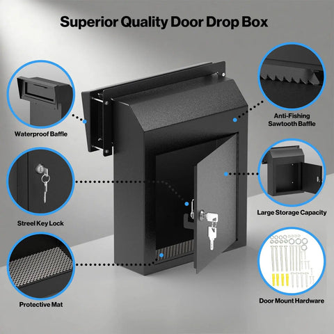 Rainproof Heavy Duty Mailbox Door Drop Box with Galvanized Steel Construction, showing weatherproof mail slot and secure lock