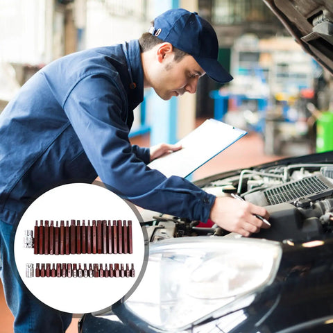 Technician using Heavy Hitter Forty Piece Star Spline External Drive Socket Set Featuring Copper Finish And Rugged Steel Case.