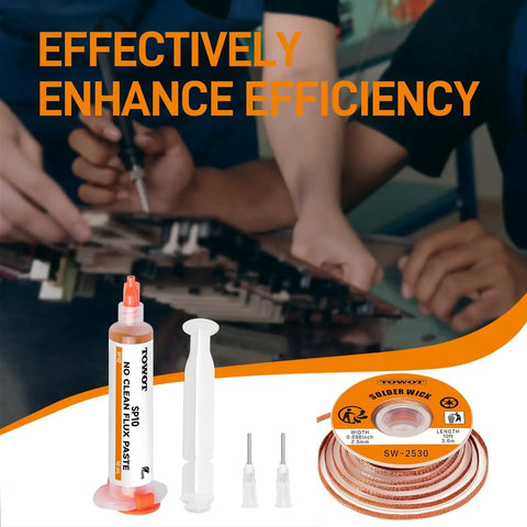 Pro Grade Desoldering Wick And No Clean Flux Paste Kit For Electronics Repair with focus on syringe and copper wick