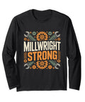 Millwright Strong Industrial Mechanic Gears Long Sleeve Tee showcasing bold graphic and gears on a black cotton shirt.