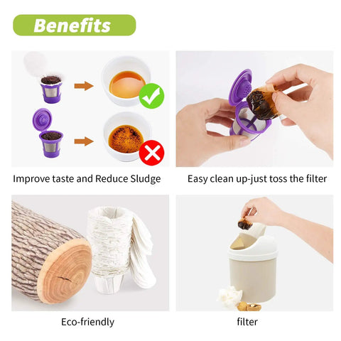 Benefits of Disposable K Cup Coffee Filters With Lid For Single Serve Brewers 1.0 And 2.0, showing eco-friendly use and easy clean-up.