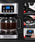 12 Cup Programmable Coffee Maker With LCD Display Brew Regular Or Strong Like A Pro For Home And Office Glass Carafe Pause And Serve Auto Shut Off Black And Stainless Steel showing brewing steps.