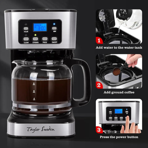 12 Cup Programmable Coffee Maker With LCD Display Brew Regular Or Strong Like A Pro For Home And Office Glass Carafe Pause And Serve Auto Shut Off Black And Stainless Steel showing brewing steps.