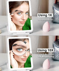 Rechargeable Travel Makeup Mirror With Light 7x5 Inch Portable Lighted Vanity Mirror 10X Magnifying LED in use, close-up view.