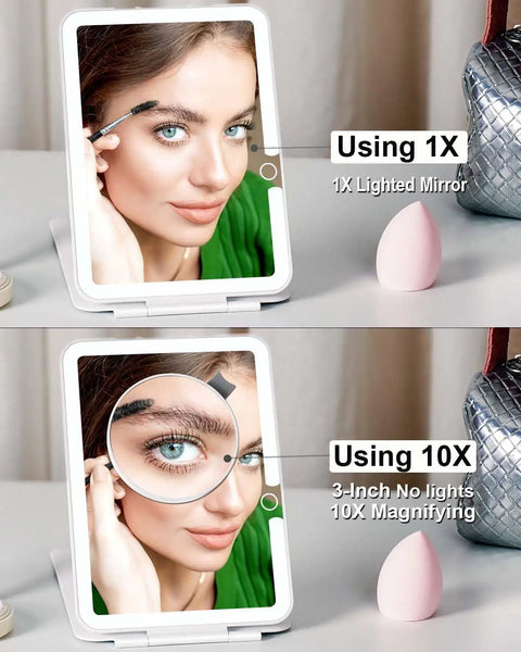 Rechargeable Travel Makeup Mirror With Light 7x5 Inch Portable Lighted Vanity Mirror 10X Magnifying LED in use, close-up view.