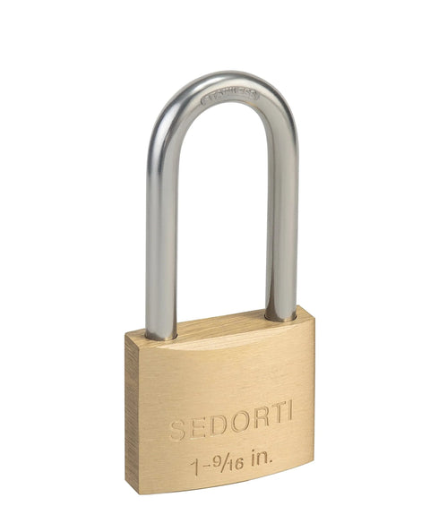 Outdoor Weatherproof Padlock With Long Stainless Steel Shackle And Solid Brass Body For Marine Grade Rustproof Security shown in close-up.