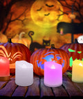 Rechargeable LED Color Changing Tea Lights With Remote USB Charging Flameless Votive Candles in Halloween scene with pumpkins