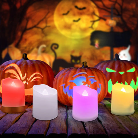 Rechargeable LED Color Changing Tea Lights With Remote USB Charging Flameless Votive Candles in Halloween scene with pumpkins