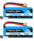 Two Pack 3S 2200mAh 11.1V 130C Graphene LiPo Battery With XT60 Plug For RC Cars Boats Drones Planes Quadcopters And Helicopters With Beefy Discharge For Valiant Wildcat Great Planes ECub, showing two blue batteries with XT60 plugs and black-red wires