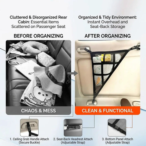 Comparison of cluttered car seat and tidy Ford Kuga Ceiling Cargo Net with see-through mesh for CX482 Titanium and ST-Line models.