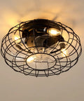 15.7" Flush Mount Caged Ceiling Fan with Light, black wire cage design, E12 sockets, modern industrial decor style.