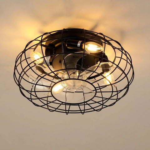 15.7" Flush Mount Caged Ceiling Fan with Light, black wire cage design, E12 sockets, modern industrial decor style.