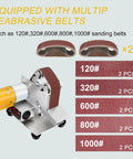 Compact Electric Mini Belt Sander Featuring Slick 7 Speed Controls And Hella Precise Angle Adjustments For Wood Metal Projects Plus Complete Polishing Sanding Kits, showing sanding belts of various grits.