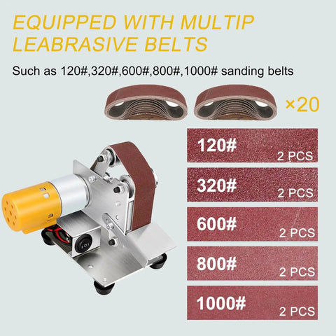 Compact Electric Mini Belt Sander Featuring Slick 7 Speed Controls And Hella Precise Angle Adjustments For Wood Metal Projects Plus Complete Polishing Sanding Kits, showing sanding belts of various grits.