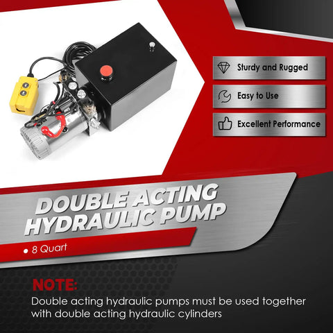 12V DC Hydraulic Power Unit For Dump Trailers 8 Quart Double Acting Pump With 15 Foot Remote Control Sturdy Metal Tank