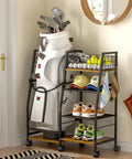 Golf Bag Storage Cart With Wheels Organizer for a single golf bag and gear in home setup, includes shelves and ball rack.