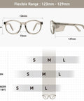 Built Tough Z87 Plus Safety Reading Glasses With Heavy Duty Side Shields And UV400 Blockers Cold Brew size chart and dimensions.