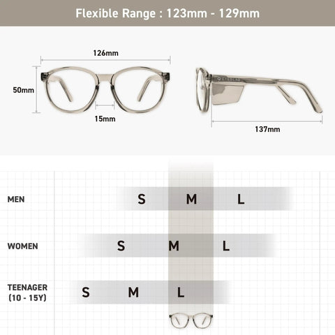 Built Tough Z87 Plus Safety Reading Glasses With Heavy Duty Side Shields And UV400 Blockers Cold Brew size chart and dimensions.
