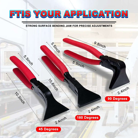 3 Piece Hand Seamers Set With Straight Jaw, 45 Degree, And 90 Degree Pliers for precise metal bending, shown on workbench.