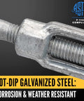 Close-up of Heavy Duty Galvanized Turnbuckle Two Inch By Twenty Four Inch Jaw And Jaw Configuration, showcasing corrosion-resistant material.