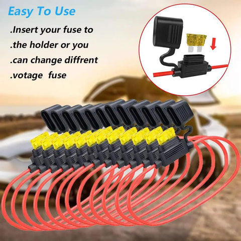 Image of 14 Gauge Inline Fuse Holder Kit 12V DC ATC and ATO Blade Fuse Holders With 60 Standard Car Fuses 14 AWG Waterproof