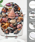 Elongated Quiet Close Toilet Seat for Home Bathroom with seashell design, measures 14.5" x 18.5", features stainless steel hinge.