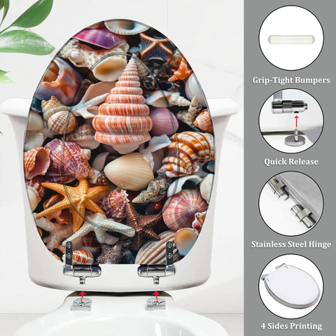 Elongated Quiet Close Toilet Seat for Home Bathroom with seashell design, measures 14.5" x 18.5", features stainless steel hinge.