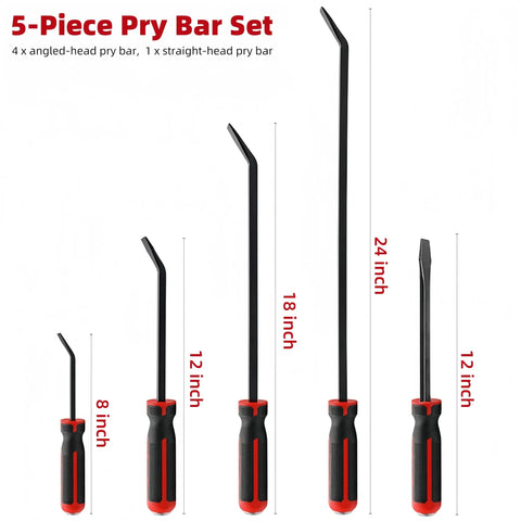 5-piece Beefy Heavy Duty Pry Bar Set with Angled and Straight Heads, 8-24 Inch, Chrome Vanadium Steel, for Mechanics and Demolition