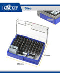 Heavy Duty 51 Piece Specialty Driver Bit Set With Rock Solid S2 Steel Construction And Smart Magnetic Holder For Stripped Screws Appliance Repairs And All Your Go To Weekend Project Grinds in blue case showing sizes.