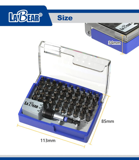 Heavy Duty 51 Piece Specialty Driver Bit Set With Rock Solid S2 Steel Construction And Smart Magnetic Holder For Stripped Screws Appliance Repairs And All Your Go To Weekend Project Grinds in blue case showing sizes.