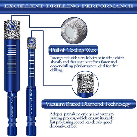 8 Piece Diamond Drill Bit Set For Tile And Stone, Hex Shank Masonry Bits For Porcelain Ceramic Marble Granite, Blue, with cooling wax
