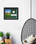 Premium Golf Ball Display Cabinet With Glass Door And 4x6 Photo Frame, UV Protected, solid wood frame in living room setting.