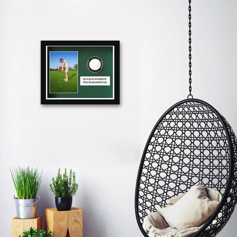 Premium Golf Ball Display Cabinet With Glass Door And 4x6 Photo Frame, UV Protected, solid wood frame in living room setting.