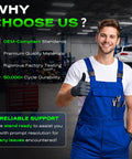 Mechanic in blue overalls promoting Jeep Wrangler TJ Climate Control Panel AC Heater Module With Blower Motor Switch Replacement.
