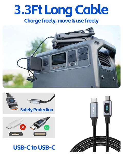 100W USB C Cable With LED Display For DJI Drones And Action Cameras Nylon Braided Type C Fast Charging Cord 3.3 Foot