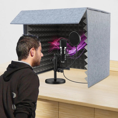 Rock Solid Desktop Soundproof Vocal Recording Booth Cube Featuring Heavy Duty Acoustic Foam Panels For Podcast Mic Isolation and Zero Noise Interference with microphone setup.