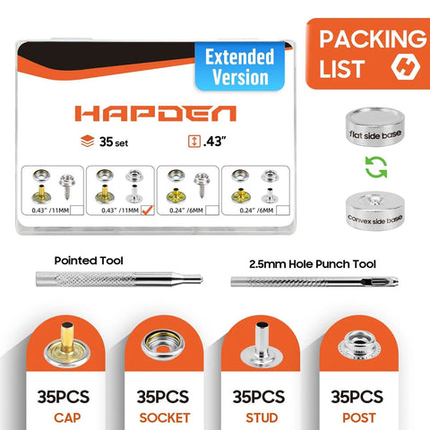 Extended Version Canvas Snaps Kit With 140 Pcs Heavy Duty Stainless Steel Fasteners For Thick Fabric Up To 0.32 Inches, Ideal For Boat Covers, Tarps, And DIY Projects, Cap Post 0.43 Inches Long with packing list and tools