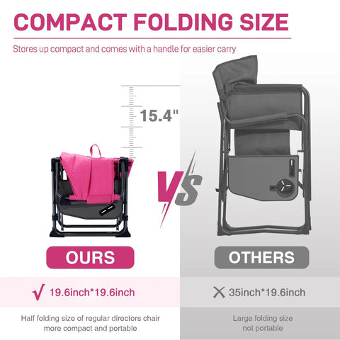Compact Folding Directors Chair With Side Table And Pocket Pink Heavy Duty Lawn Chair for Camping and Outdoors folded size comparison