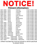 Notice of fitment information for wheel hub bearings, listing compatible Buick, Pontiac, Cadillac, Chevrolet, and Oldsmobile models.