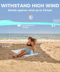 Woman under No Fuss Setup Beach Tent Sun Shelter With Four Poles Big Sandbags And Shovel Six Foot Seven Inch Tall Windproof Canopy.