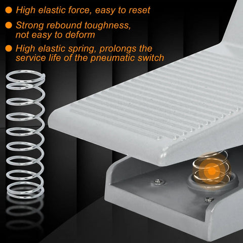 Close-up of Pneumatic Foot Pedal Valve With Nonslip Surface, Momentary Two Position Five Way Foot Switch showing spring