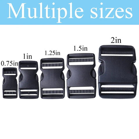 Assorted sizes of quick side release buckles, including 1 inch for Four Pack 1 Inch Quick Side Release Buckles Dual Adjustable